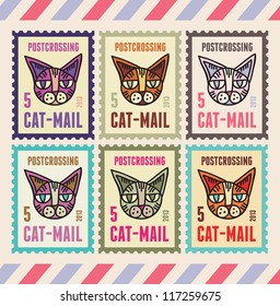 Cats Stamps for Postcrossing. Creative vector layouts. 