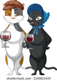 Gatos parados y bebiendo vino en la ilustración de fondo blanco