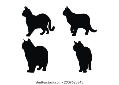 Cats standing and walking in different positions silhouette set vector. Domestic animals like cats or feline silhouette on a white background. Cute furry felines full body silhouette collection.