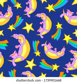 Cats, stars and comets seamless vector pattern on a blue background, children's color cartoon illustration. For Wallpaper, clothing, pajamas, paper, fabric, blankets, bed linen, pillows, textiles.