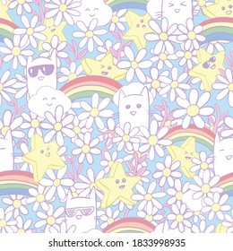 Cats, stars, and rainbows seamless pattern. Cute hand drawn doodle pattern. Vector illustration for print, poster, icon, web, graphic designs.