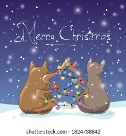 Cats staying under the snow making shape of Christmas tree with tails, holiday light shining in the night. Vector illustration.