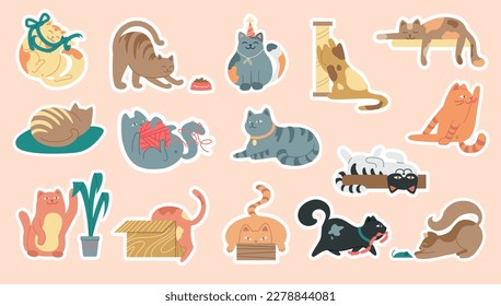 Cats stickers set. Playful multicolored kittens in various positions.