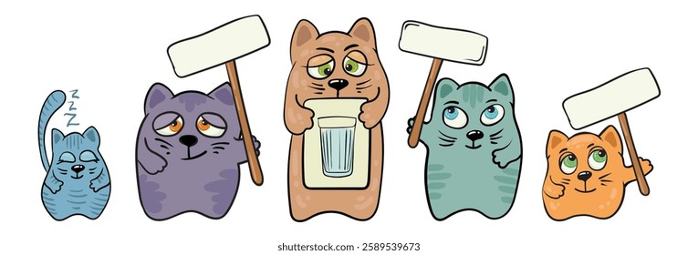 Cats strike for coffee and milk with blank signs in their paws. Cute fluffy animal holding a poster. Vector illustration for lettering, t-shirt, sticker, label. Animal rights protection.