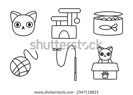Cats stuff icon set with accessories for pets, flat style, isolated on white background.