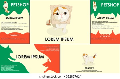 cats. stylized pets set. Form style. Useful for pet shop, store, webstore. Vector contains banner, business card and two booklets. red and green colors