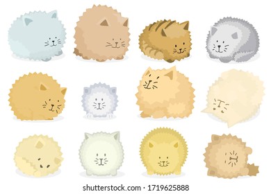 Cats stylized set of twelve, different fur colors, vector cartoon illustration design elements, horizontal, over white, isolated
