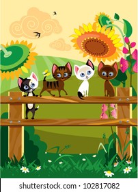 Cats at summer. The vector illustration of four young cats on palisade at summer time.