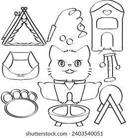 Cats surrounded by cat accessories