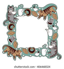 Cats with teapots cups and baking greeting card vector  background template