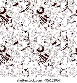 Cats with teapots cups and baking seamless vector wallpaper background texture pattern