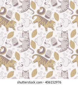 Cats with teapots cups and baking seamless vector wallpaper background texture pattern