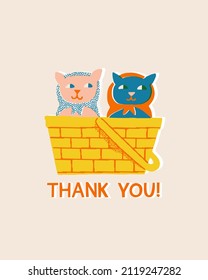 Cats in th basket vintage toys with text quote thank you greeting card in vector.