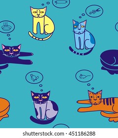 Cats think about fish, sausage, mouse, bird and bowl in white, gray, red, pink, yellow, orange, blue a seamless pattern on a blue background.