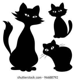 Cats, three monochrome black silhouettes with white eyes. Vector