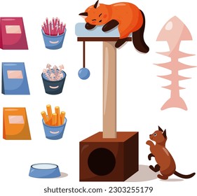 Cat's toys and food. Pet shop. Vector illustration. Cartoon style. Cute kitten plays. Sleeping cat