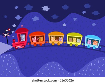 Cats travelling by train - vector