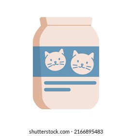 Cats Treats In Bottle Pack. Feline Animals Feed Package. Jar Of Kittens Food. Vet Pets Supplies For Kitties. Flat Vector Illustration Isolated On White Background