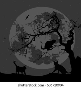 Cats and tree silhouettes in a dark night, vector illustration