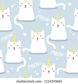 Cats are unicorns, hearts, hand drawn backdrop. Colorful seamless pattern with muzzles of animals. Decorative cute wallpaper, good for printing. Overlapping colored background vector