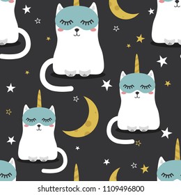 Cats are unicorns, stars, moon, hand drawn backdrop. Colorful seamless pattern with muzzles of animals. Decorative cute wallpaper, good for printing. Overlapping colored background vector