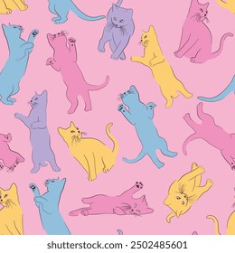 Cats Various Poses Bright Seamless Pattern