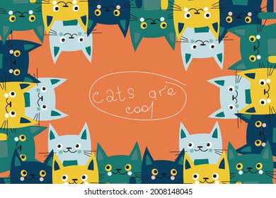 Cats vector. Abstract colorful portrait of cats in a hand-drawn style on a red background. Creative illustration in a trendy colors. Vector graphics for banners, labels,  web design, pet store concept