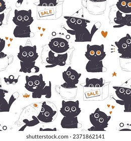 Cats vector cartoon seamless pattern background for wallpaper, wrapping, packing, and backdrop.