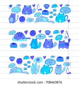 Cats vector Domestic cute kawaii kittens Japanese kawaii style Cartoon cats playing Illustratrion for pet shop, veterinary, cattery, wallpaper, kindergarten Kids drawing Children drawing style
