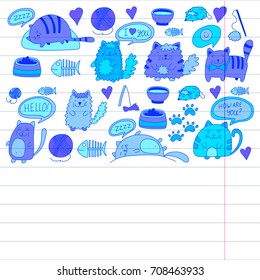 Cats vector Domestic cute kawaii kittens Japanese kawaii style Cartoon cats playing Illustratrion for pet shop, veterinary, cattery, wallpaper, kindergarten Kids drawing Children drawing style