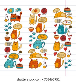 Cats vector Domestic cute kawaii kittens Japanese kawaii style Cartoon cats playing Illustratrion for pet shop, veterinary, cattery, wallpaper, kindergarten Kids drawing Children drawing style
