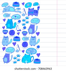 Cats vector Domestic cute kawaii kittens Japanese kawaii style Cartoon cats playing Illustratrion for pet shop, veterinary, cattery, wallpaper, kindergarten Kids drawing Children drawing style