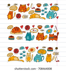 Cats vector Domestic cute kawaii kittens Japanese kawaii style Cartoon cats playing Illustratrion for pet shop, veterinary, cattery, wallpaper, kindergarten Kids drawing Children drawing style