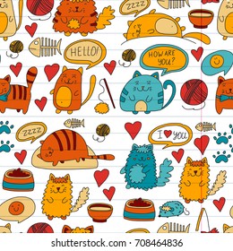 Cats vector Domestic cute kawaii kittens Japanese kawaii style Cartoon cats playing Illustratrion for pet shop, veterinary, cattery, wallpaper, kindergarten Kids drawing Children drawing style