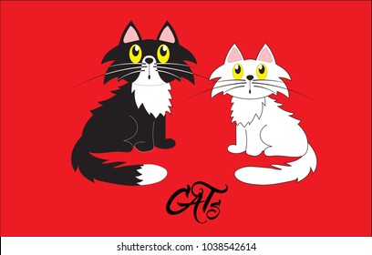 Cats, vector illustration. Black cat and white kitty on a red background. Family cartoon illustration.