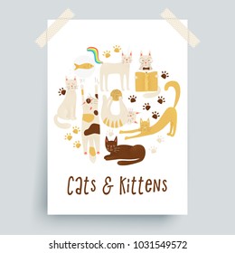 Cats vector poster concept, friendly and childish design