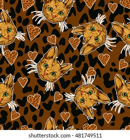 cats vector seamless, kittens cute sketch vector illustration seamless, texture background, cats and hearts background vector. leopard print