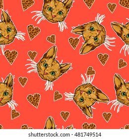 cats vector seamless, kittens cute sketch vector illustration seamless, texture background, cats and hearts background vector.