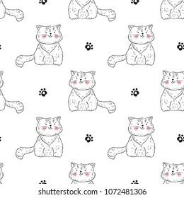 Cats Vector Seamless Pattern. Background for Kids with Hand drawn Doodle Cute Kittens and paw prints. Cartoon Animals Vector illustration in Scandinavian style