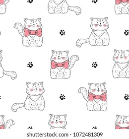 Cats Vector Seamless Pattern. Background for Kids with Hand drawn Doodle Cute Kittens and paw prints. Cartoon Animals Vector illustration in Scandinavian style