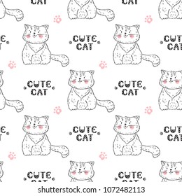 
Cats Vector Seamless Pattern. Background for Kids with Hand drawn Doodle Cute Kittens with paw prints and "Cute Cat" phrase . Cartoon Animals Vector illustration in Scandinavian style