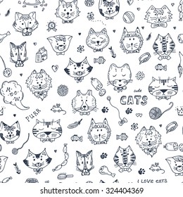 Cats Vector Seamless pattern. Hand Drawn Doodles Cats and accessories for pets. Black and white background.