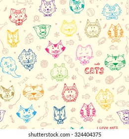 Cats Vector Seamless pattern. Hand Drawn Doodles Cats and accessories for pets. Colorful background.