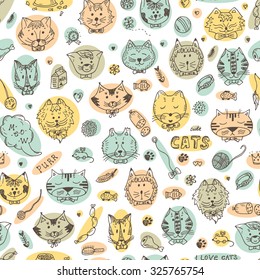 Cats Vector Seamless pattern. Hand Drawn Doodles Cats and accessories for pets. 