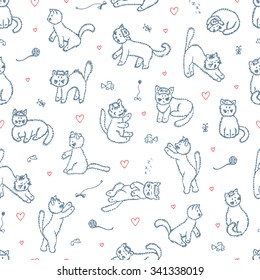 Cats Vector Seamless pattern. Hand Drawn Doodle fluffy Kittens
