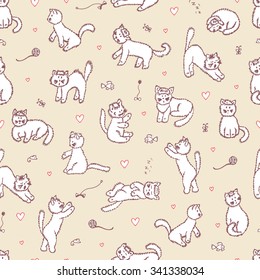 Cats Vector Seamless pattern. Hand Drawn Doodle fluffy Kittens