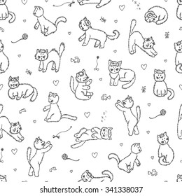 Cats Vector Seamless pattern. Hand Drawn Doodle fluffy Kittens