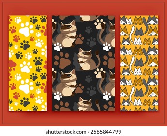 Cats vector seamless patterns set. Cute cartoon animal print. Funny kids textile swatches. Many big paw prints, small graphic muzzle icons. Fat Siamese cat. Art element for pet food packaging design