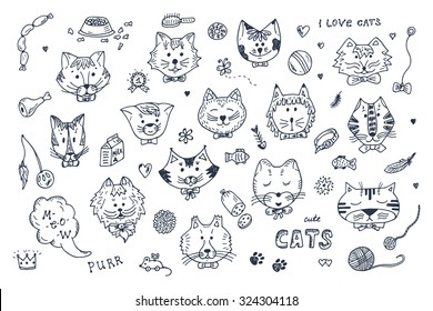 Cats Vector Set. Cats faces icons. Hand Drawn Doodles Cats and accessories for pets