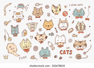 Cats Vector Set. Cats faces icons. Hand Drawn Doodles Cats and accessories for pets